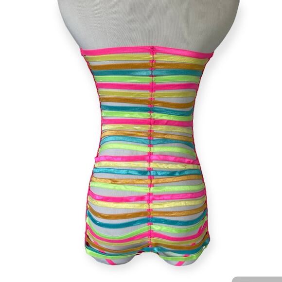 NEW Neon Pink Microfiber Dress with Rainbow Neon Elastic Strap Back G-String - Picture 2 of 3